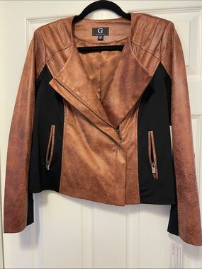 G by GiulianaTwo-Tone Brown and Black Faux Leather Moto Jacket